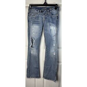 Silver Jeans Women’s 27/33 Tuesday Bootcut Flare Low-Rise Distressed Blue Denim